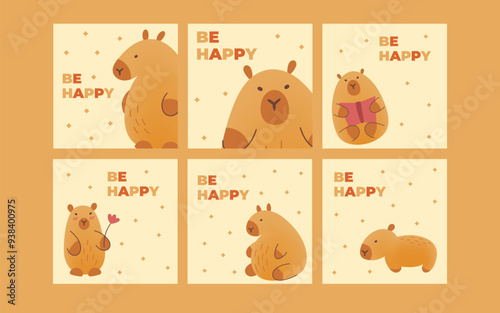 Set of minimalist postcard with inscription be happy. Vector illustration in flat style.Print on beige background. Happy Birthday Card.Hand-drawn flyers and invitation.