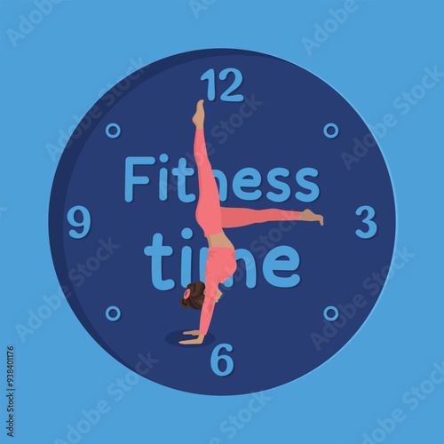 girl doing yoga in sportswear stands on hands leg down and points to watch, fitness time