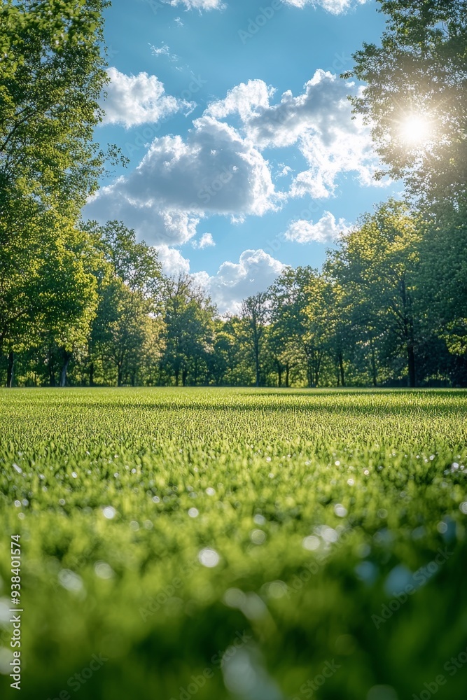 Fototapeta premium Vibrant grassy field in autumn with colorful foliage under a blue sky