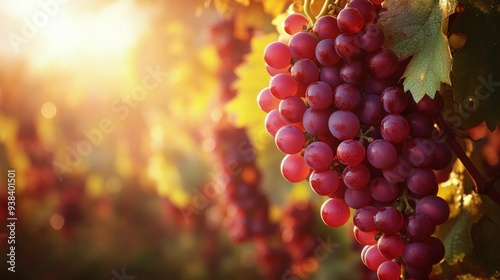 Freshly ripened grapes hanging on vines in a sunlit vineyard during harvest s...
