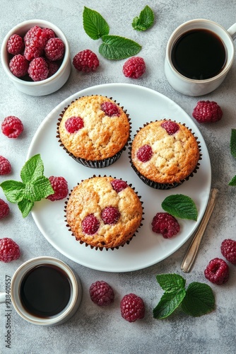 Freshly baked raspberry muffins with oats displayed on a plate surrounded by ...