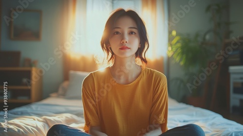 Woman meditating peacefully in a bright room filled with plants