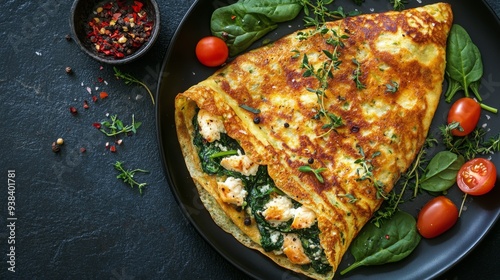 Delicious vegetarian crepes with fresh herbs and tomatoes on a wooden plate