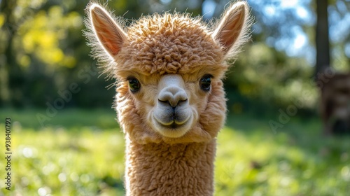 Young llama grazing in a vibrant green field during a sunny day