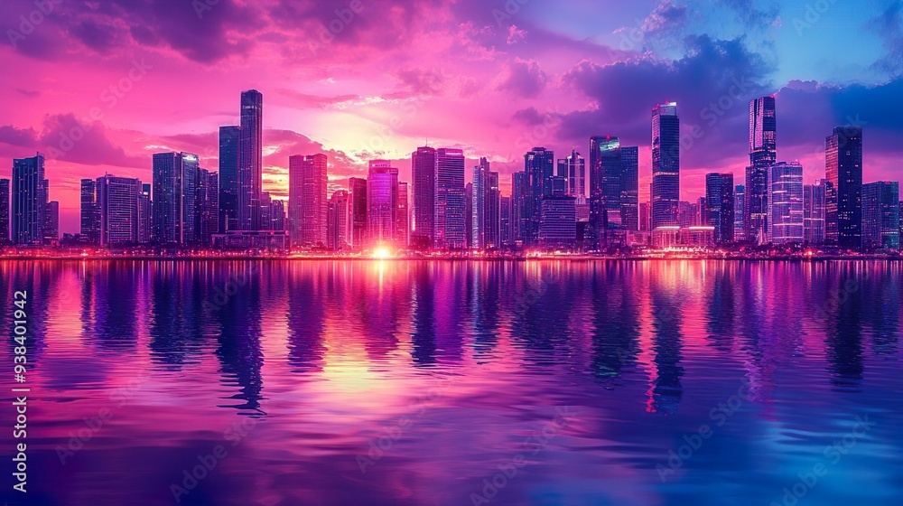 Vivid urban skyline with water reflections at dusk perfect for city-themed wallpapers Vivid urban skyline with water reflections at dusk perfect for city-themed wallpapers