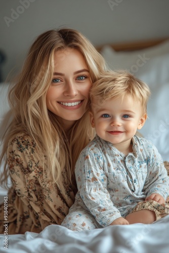 Mother lovingly holds her baby in a serene, softly lit bedroom setting during...