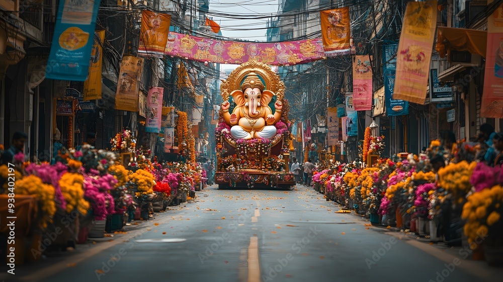 Fototapeta premium Grand Ganesh idol paraded through a street adorned with colorful flowers