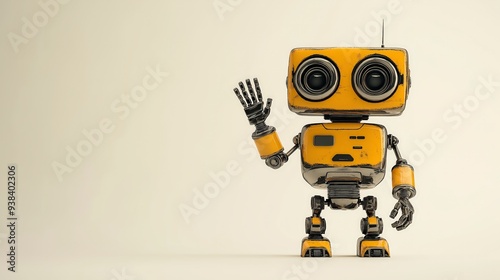 A friendly, yellow robot with black eyes waves hello with its metallic hand.