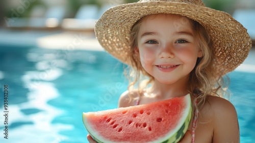Child enjoying watermelon in sparkling pool on a sunny day
