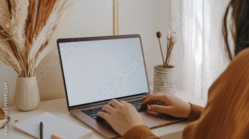 Woman working on laptop at home office