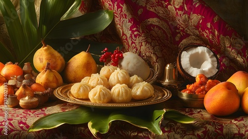 Fototapeta Naklejka Na Ścianę i Meble -  Traditional sweets and fruits offered during Ganesh festival celebration