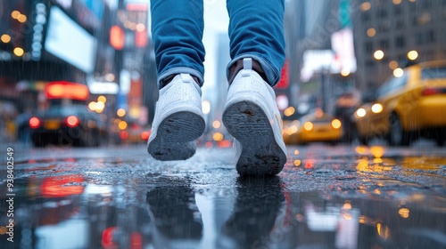 A person wearing white sneakers and blue jeans walks on a rain-soaked city street, with reflections of city lights on the water-covered pavement, creating a dynamic urban scene. photo