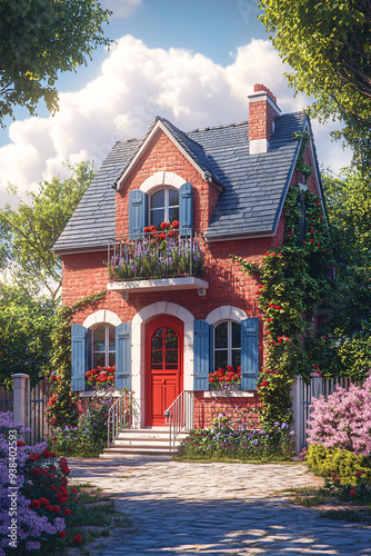 Charming Two-Story Red Brick House with Blue Shutters and a Slate Roof, Nestled in a Blooming Garden Under a Sunny Sky, Perfect Cozy Cottage Illustration