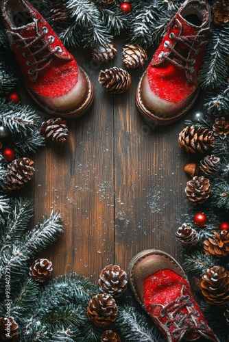 Red shoes surrounded by pinecones and festive greenery on a wooden surface