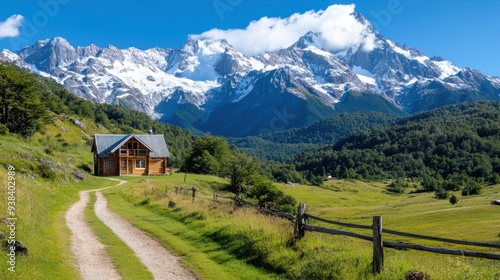 A picturesque wooden cabin is nestled in a lush green valley, flanked by a rustic path and wooden fence, with majestic, snow-covered mountains rising in the background under a clear blue sky.