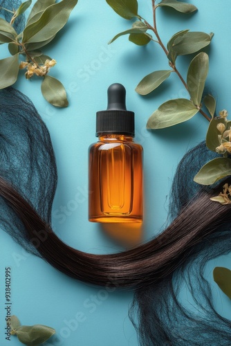 Hair serum bottle surrounded by strands of hair and green leaves on a turquoi...