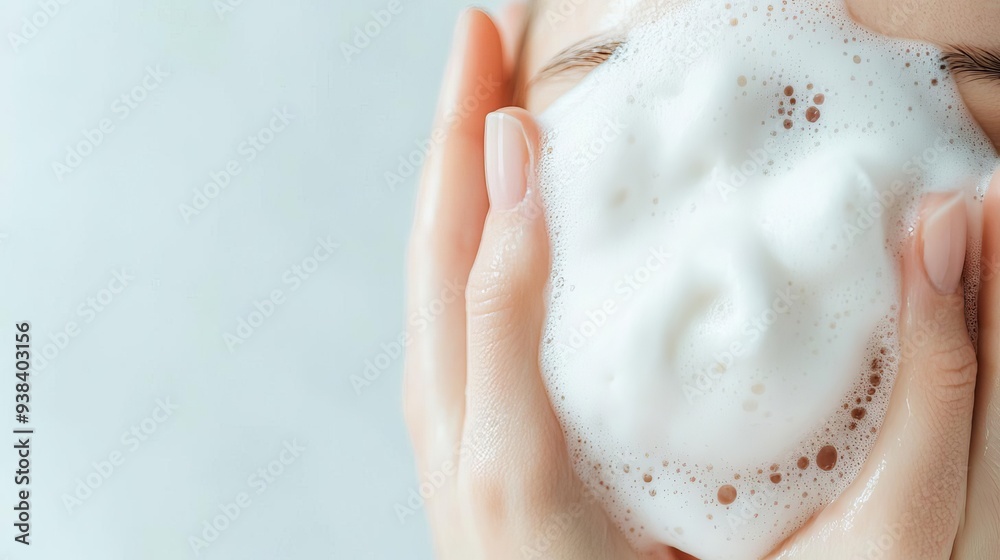 Cleansing the face with a foaming mousse, skincare, luxurious lather Cleansing the face with a foaming mousse, skincare, luxurious lather