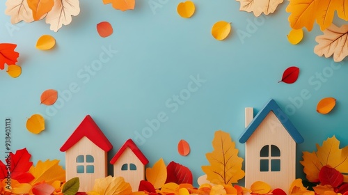 Colorful autumn leaves surround wooden houses on a blue background