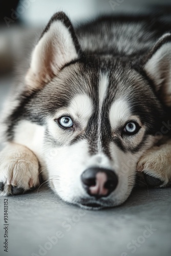 Grey and white husky with blue eyes resting indoors in bright natural light