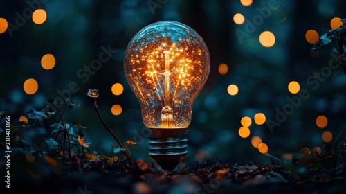 A lit light bulb surrounded by lush green vegetation, creating a contrast between the bright, warm light of the bulb and the rich, natural greenery. photo