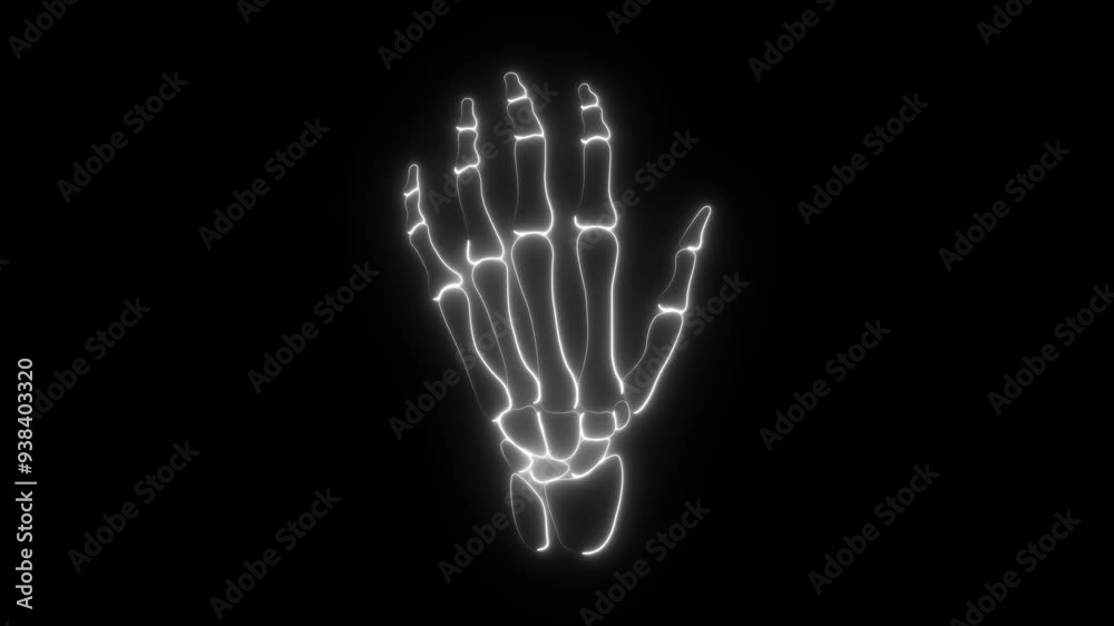 Neon Skelton Hand. Line art. Black and white. Isolated on black background. Halloween concept. Human Body. Horror hands. Bones Hands. Human Hand. Design print on shirt, card, poster, tee. 

