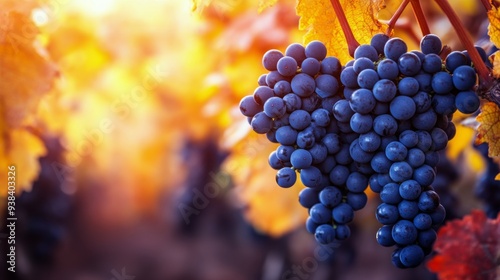 Freshly ripened grapes hanging on vines in a sunlit vineyard during harvest s...