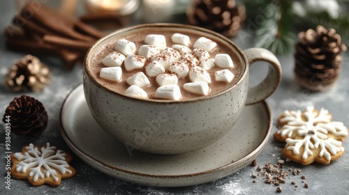 Cozy hot chocolate topped with marshmallows and decorative cookies during win...