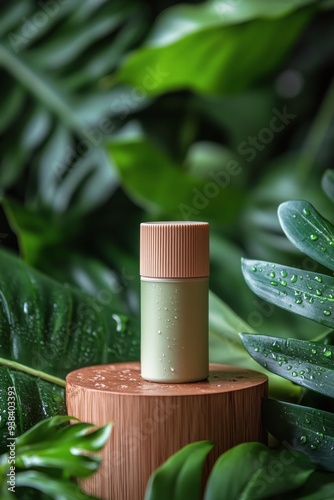 Eco-friendly skincare product placed on wooden surface surrounded by lush gre...