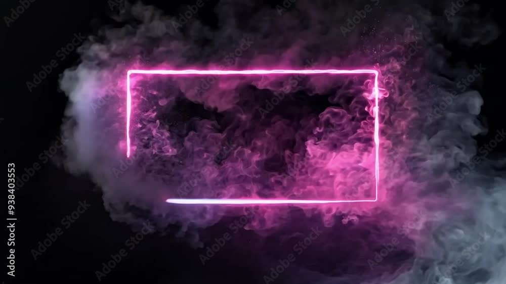 Bicolor Neon Frame: A rectangular frame split into pink and blue neon, set against a dark backdrop. Wisps of smoke add depth and a cinematic quality to the scene.