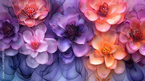 Beautiful Watercolor Bouquet of Sedum ‘Autumn Joy’ (Hylotelephium)Flowers Depicted in Pastel Shades of Alcohol and Ink.