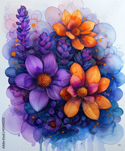 Beautiful Watercolor Bouquet of Sedum ‘Autumn Joy’ (Hylotelephium)Flowers Depicted in Pastel Shades of Alcohol and Ink.