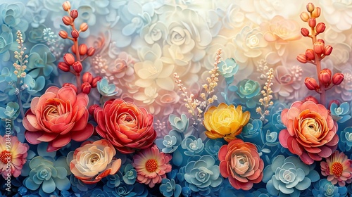 Beautiful Watercolor Bouquet of Sedum ‘Autumn Joy’ (Hylotelephium)Flowers Depicted in Pastel Shades of Alcohol and Ink.