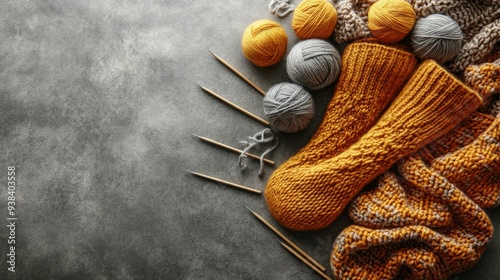 Knitted sock with colorful yarn and tools on a textured surface in a craft wo...