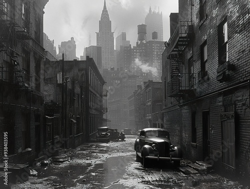 Vintage Black and White Photo of a City Alley in New York photo