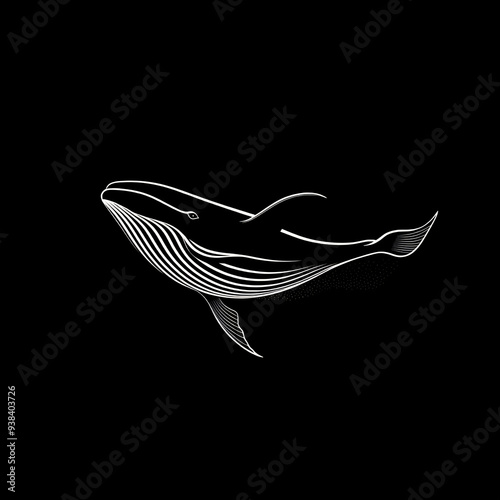 Minimalist Whale Illustration with Elegant Lines on Black Background, Modern Digital Art Featuring Marine Wildlife, Sleek and Sophisticated Ocean Animal Design photo