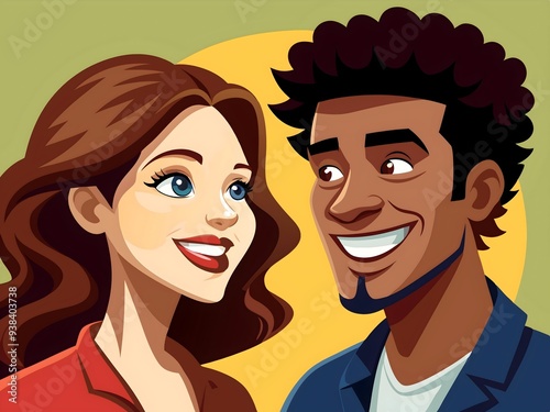 Joyful Couple Smiling Together Happy Expression Bright Colors Animated Style