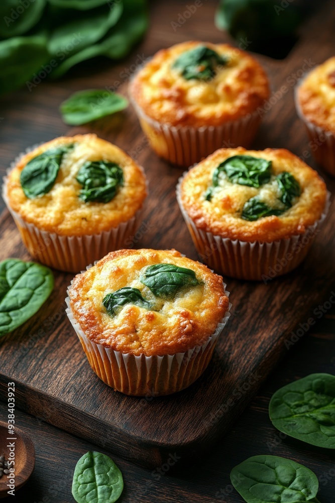 Savory spinach muffins with cherry tomatoes on a wooden board Savory spinach muffins with cherry tomatoes on a wooden board
