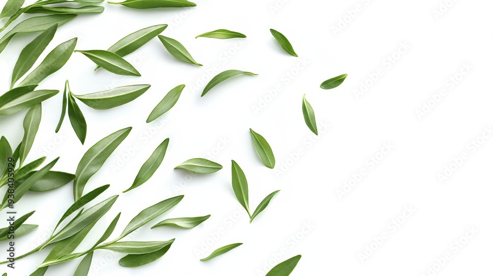 Fototapeta premium Green leaves arranged in a scattered pattern on a white background.