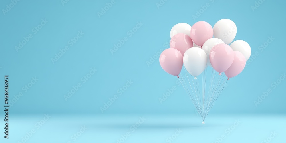 Fototapeta premium Delicate pastel balloons float gently against a serene blue backdrop, creating a whimsical atmosphere perfect for celebrations and joy-filled events