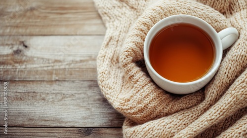 Warm cup of tea on a cozy knit blanket in a rustic setting