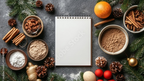 Preparing festive baked goods with spices, nuts, and decorations on a winter ...