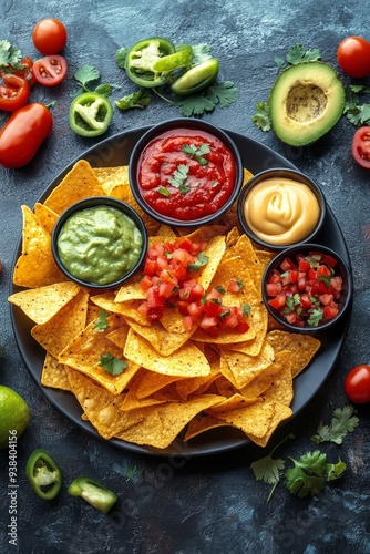 Nachos with fresh toppings and sauces served on a dark backdrop