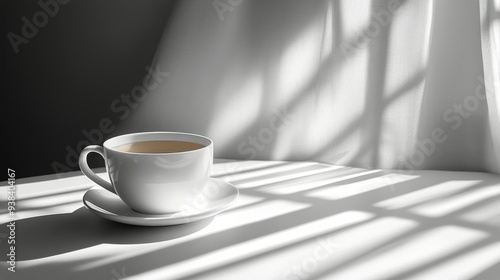 Warm cup of coffee on a table with sunlight casting shadows in the morning