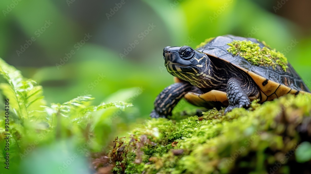 A small turtle with moss-covered shell climbing on a green rocky surface surrounded by lush vegetation, showcasing the beauty of nature and wildlife. A small turtle with moss-covered shell climbing on a green rocky surface surrounded by lush vegetation, showcasing the beauty of nature and wildlife.