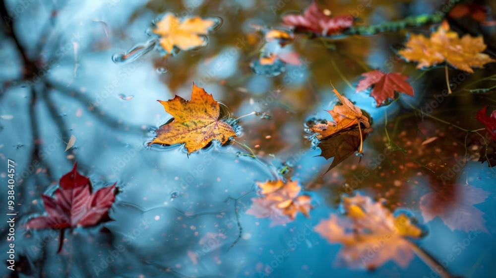 Fallen autumn leaves float on the surface of a still pond, creating a beautiful abstract pattern. Fallen autumn leaves float on the surface of a still pond, creating a beautiful abstract pattern.