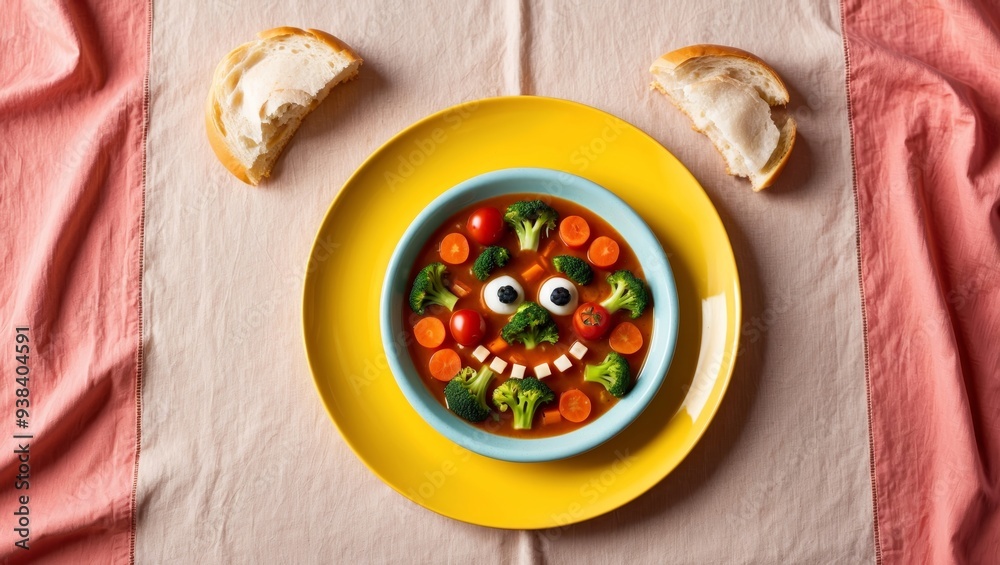 A vibrant bowl of soup features vegetables arranged to create a smiley face, inviting joy