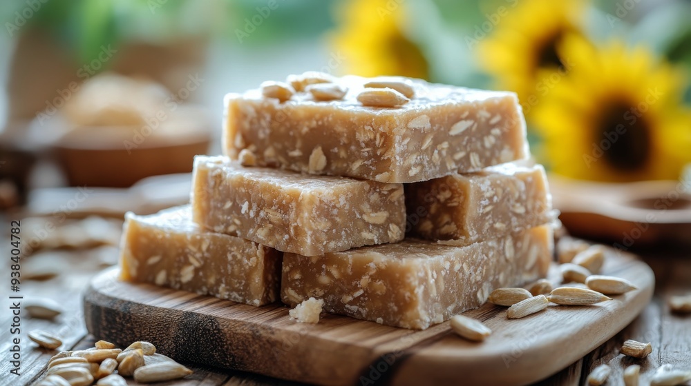 Sunflower seed soap bars on a wooden board with bright flowers in the background Sunflower seed soap bars on a wooden board with bright flowers in the background