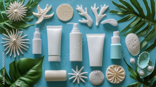 Arrangement of skincare products on a blue surface surrounded by tropical ele...