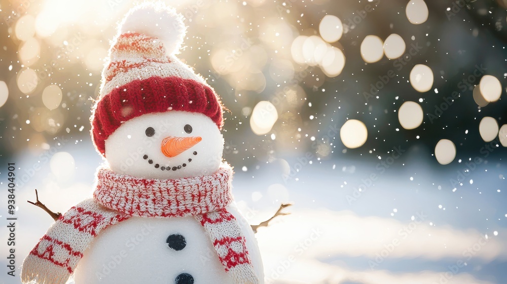 A cute snowman in a wool hat and scarf enjoys the sunshine against a snowy backdrop, with festive bokeh lights adding a cheerful touch.