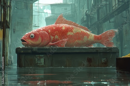 A giant koi fish rests atop a metal container in a flooded alleyway, its scales gleaming under the overcast sky. The water reflects the city's worn buildings, casting an eerie glow on the scene photo